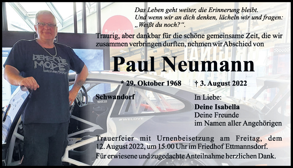  Traueranzeige für Paul Neumann vom 09.08.2022 aus Mittelbayerische Zeitung Schwandorf