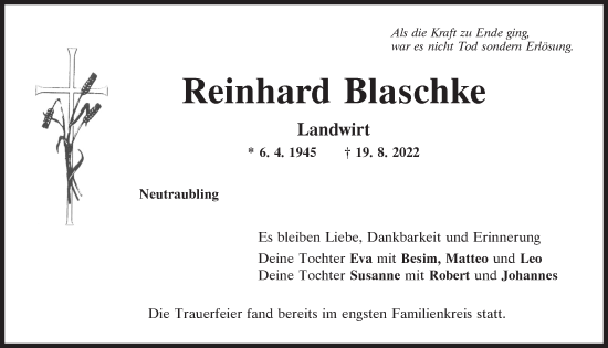 Traueranzeige von Reinhard Blaschke von Mittelbayerische Zeitung Regensburg