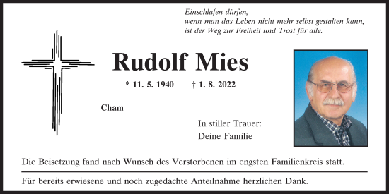 Traueranzeige von Rudolf Mies von Bayerwald Echo