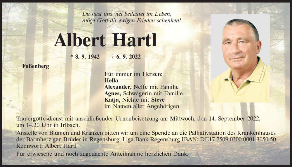  Traueranzeige für Albert Hartl vom 10.09.2022 aus Mittelbayerische Zeitung Regensburg