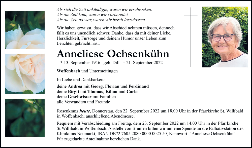  Traueranzeige für Anneliese Ochsenkühn vom 22.09.2022 aus Neumarkter Tagblatt