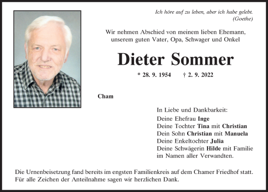 Traueranzeigen von Dieter Sommer | Mittelbayerische Trauer