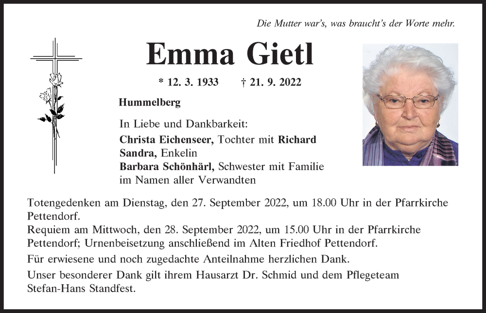 Traueranzeigen von Emma Gietl | Mittelbayerische Trauer