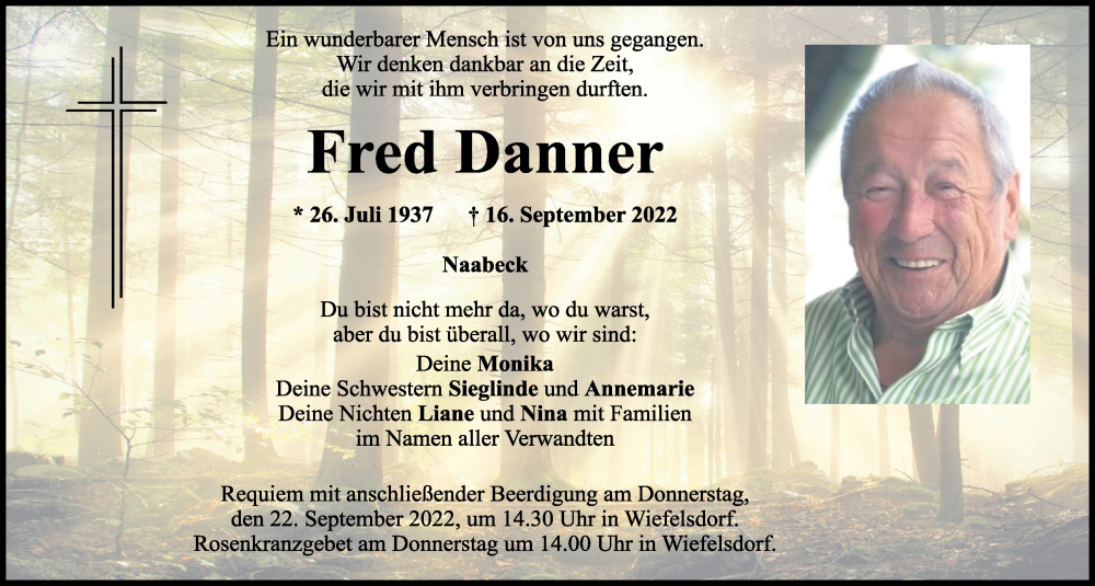  Traueranzeige für Fred Danner vom 20.09.2022 aus Mittelbayerische Zeitung Schwandorf