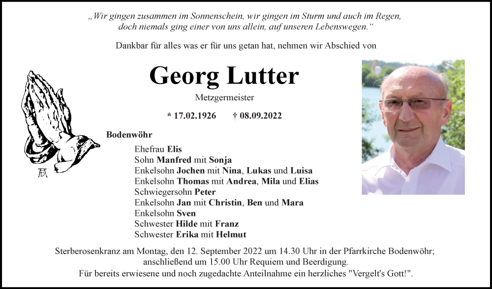  Traueranzeige für Georg Lutter vom 10.09.2022 aus Mittelbayerische Zeitung Regensburg