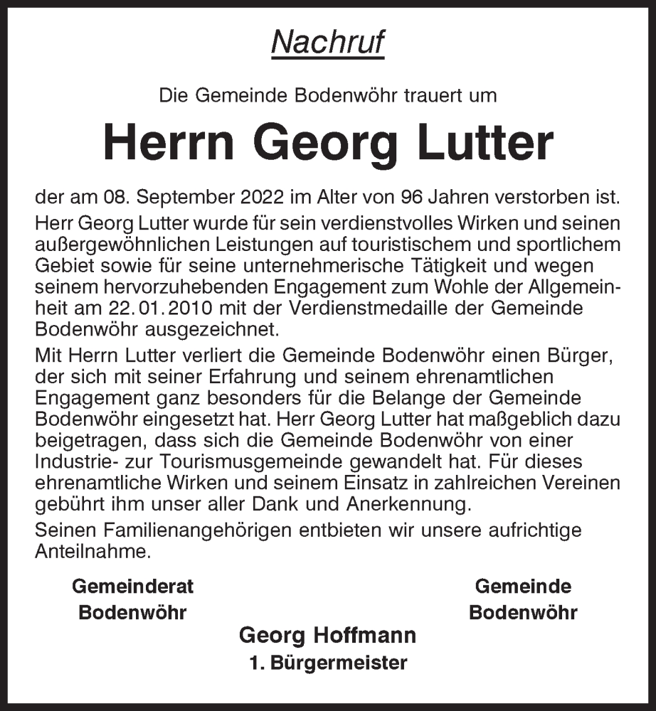  Traueranzeige für Georg Lutter vom 12.09.2022 aus Mittelbayerische Zeitung Schwandorf