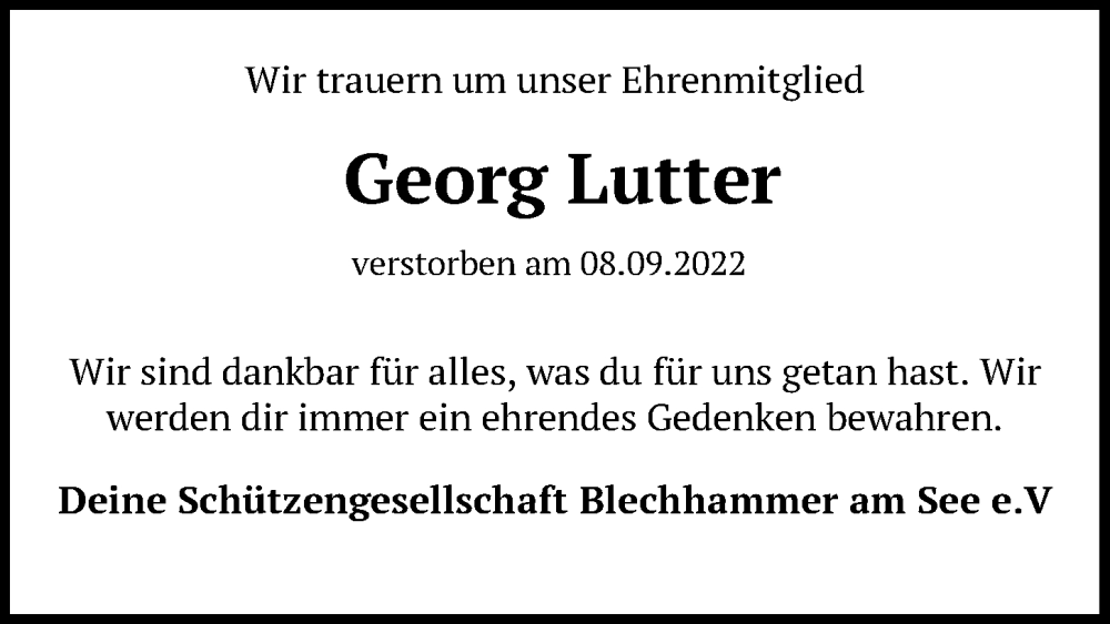  Traueranzeige für Georg Lutter vom 13.09.2022 aus Mittelbayerische Zeitung Schwandorf