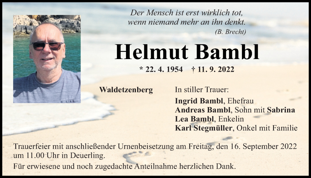  Traueranzeige für Helmut Bambl vom 14.09.2022 aus Mittelbayerische Zeitung Regensburg