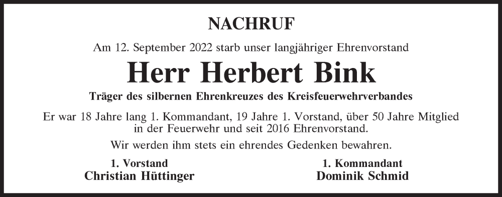  Traueranzeige für Herbert Bink vom 19.09.2022 aus Mittelbayerische Zeitung Schwandorf