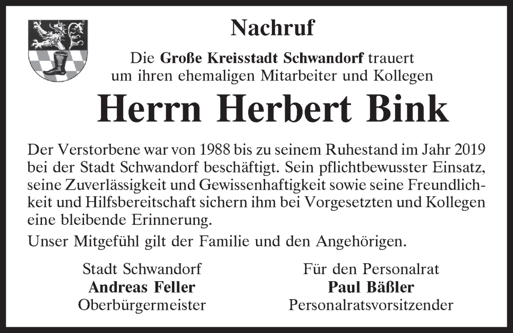  Traueranzeige für Herbert Bink vom 19.09.2022 aus Mittelbayerische Zeitung Schwandorf