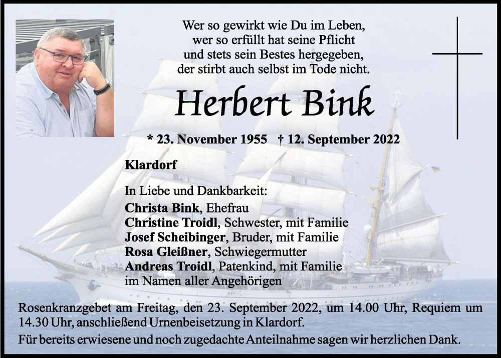  Traueranzeige für Herbert Bink vom 17.09.2022 aus Mittelbayerische Zeitung Schwandorf