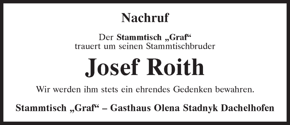  Traueranzeige für Josef Roith vom 12.09.2022 aus Mittelbayerische Zeitung Schwandorf