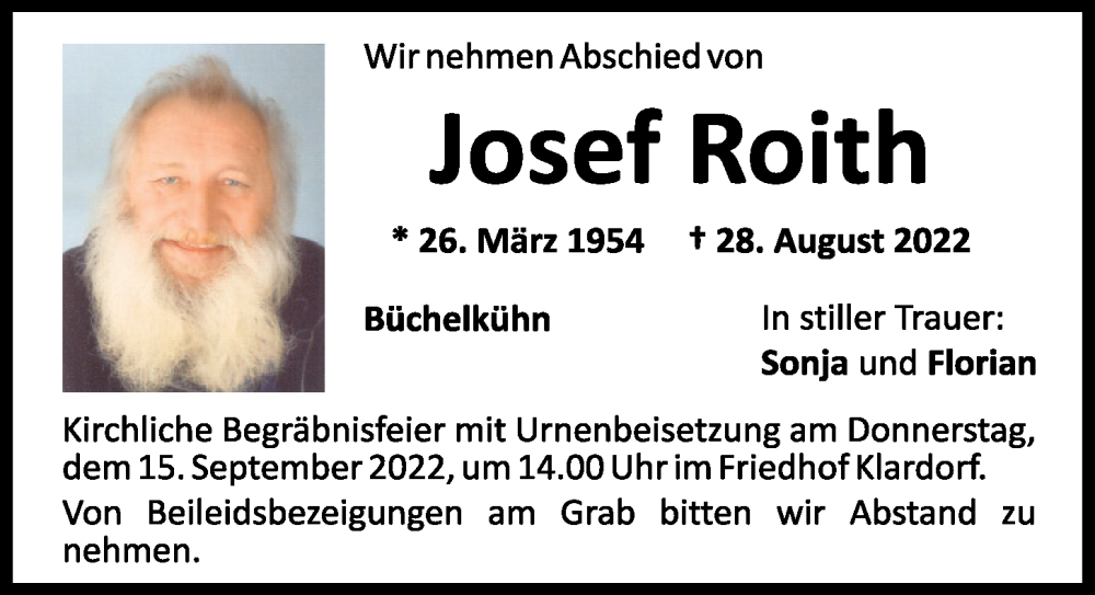  Traueranzeige für Josef Roith vom 12.09.2022 aus Mittelbayerische Zeitung Schwandorf