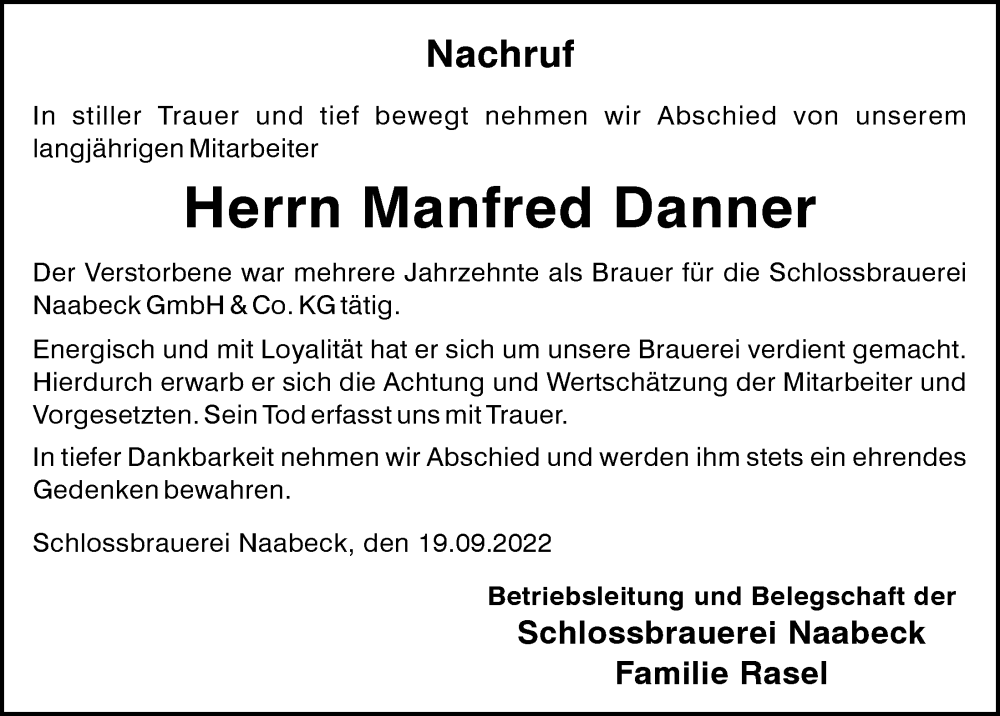  Traueranzeige für Fred Danner vom 20.09.2022 aus Mittelbayerische Zeitung Schwandorf