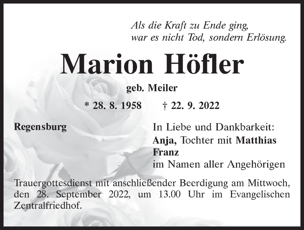  Traueranzeige für Marion Höfler vom 24.09.2022 aus Mittelbayerische Zeitung Regensburg