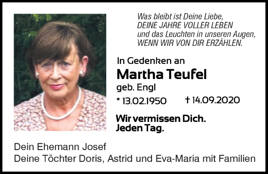 Traueranzeige von Martha Teufel von Mittelbayerische Zeitung Regensburg