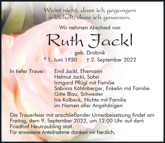 Traueranzeige von Ruth Jackl von Mittelbayerische Zeitung Regensburg