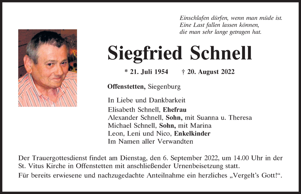  Traueranzeige für Siegfried Schnell vom 03.09.2022 aus Mittelbayerische Zeitung Kelheim