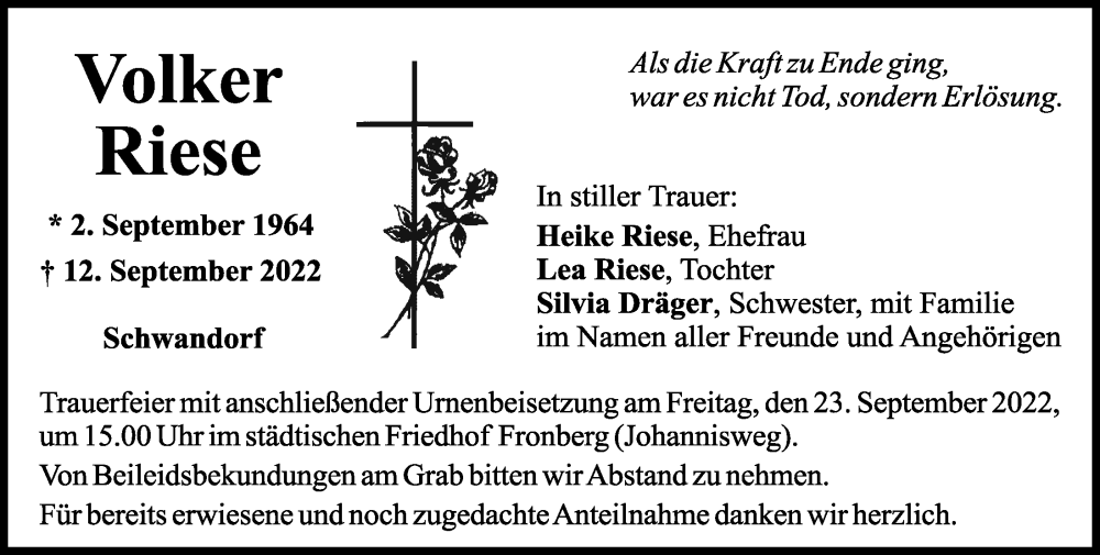  Traueranzeige für Volker Riese vom 17.09.2022 aus Mittelbayerische Zeitung Schwandorf