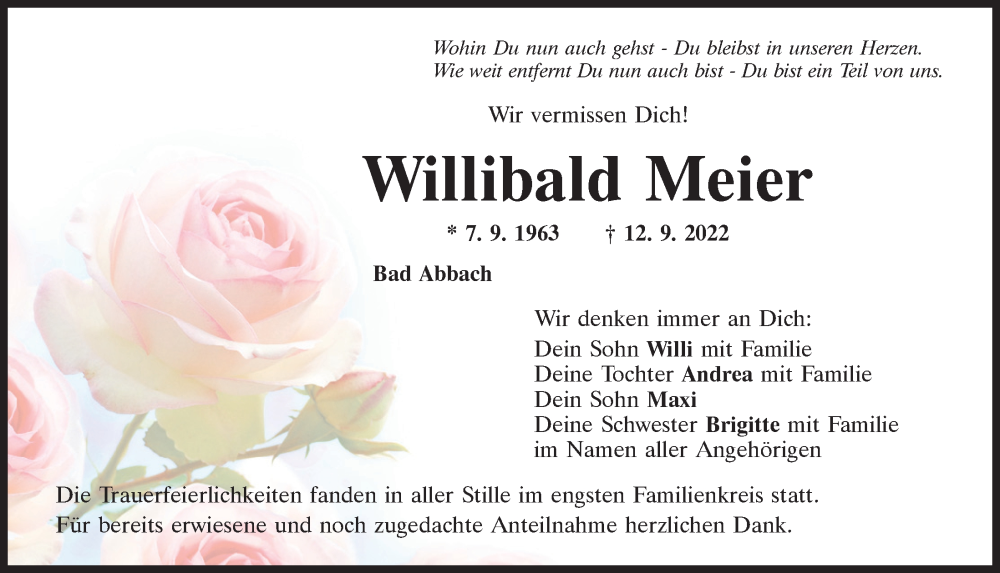  Traueranzeige für Willibald Meier vom 24.09.2022 aus Mittelbayerische Zeitung Regensburg