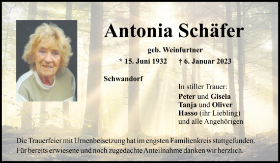 Traueranzeigen Von Antonia Schäfer | Mittelbayerische Trauer