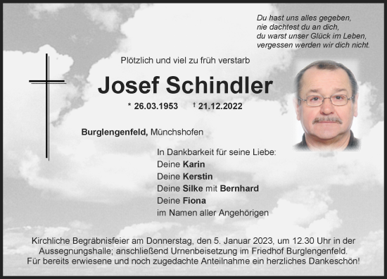 Traueranzeigen von Josef Schindler | Mittelbayerische Trauer