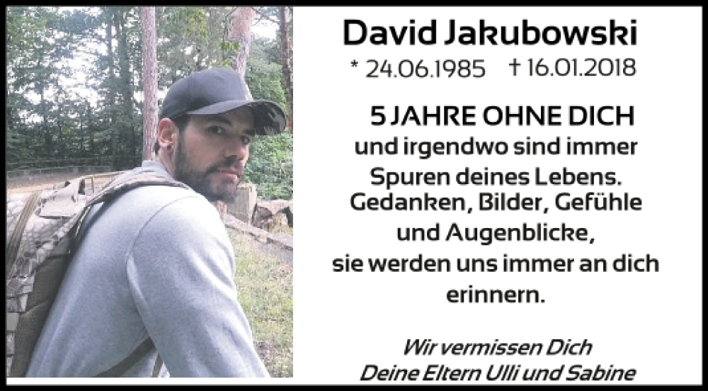  Traueranzeige für David Jakubowski vom 16.01.2023 aus Mittelbayerische Zeitung Kelheim