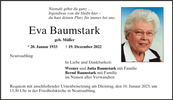 Traueranzeige von Eva Baumstark von Mittelbayerische Zeitung Regensburg