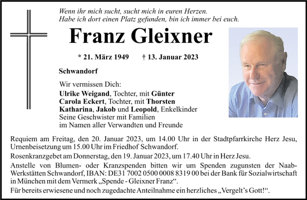  Traueranzeige für Franz Gleixner vom 18.01.2023 aus Mittelbayerische Zeitung Schwandorf