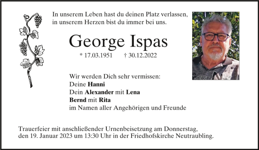  Traueranzeige für George Ispas vom 14.01.2023 aus Mittelbayerische Zeitung Regensburg