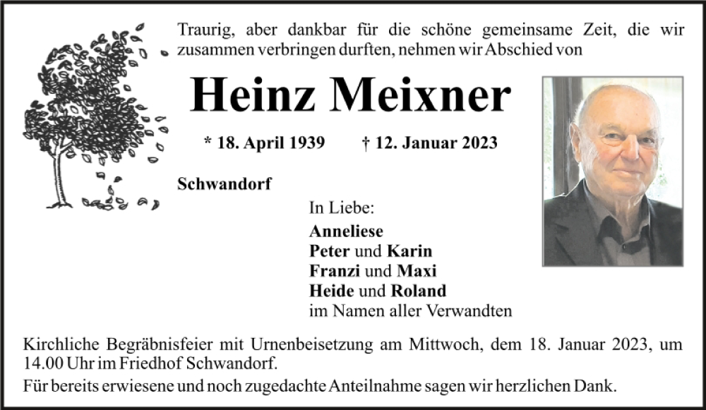  Traueranzeige für Heinz Meixner vom 14.01.2023 aus Mittelbayerische Zeitung Schwandorf