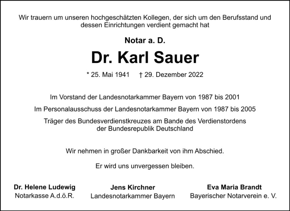  Traueranzeige für Karl Sauer vom 06.01.2023 aus Mittelbayerische Zeitung Gesamtausgabe