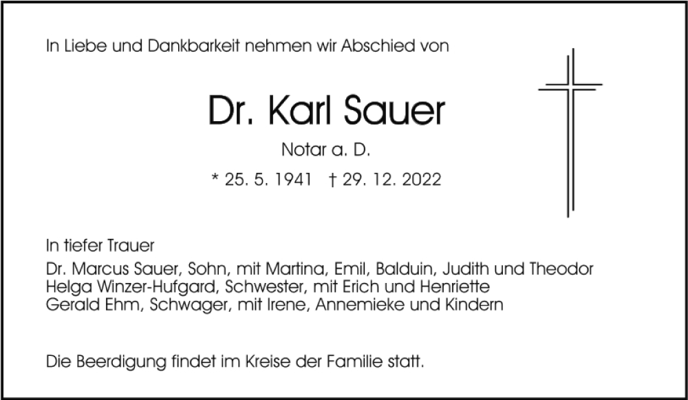  Traueranzeige für Karl Sauer vom 06.01.2023 aus Mittelbayerische Zeitung Regensburg