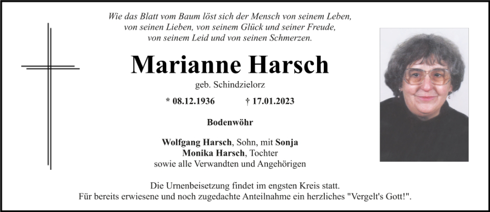  Traueranzeige für Marianne Harsch vom 21.01.2023 aus Mittelbayerische Zeitung Schwandorf