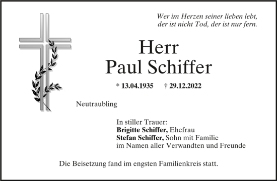 Traueranzeige von Paul Schiffer von Mittelbayerische Zeitung Regensburg