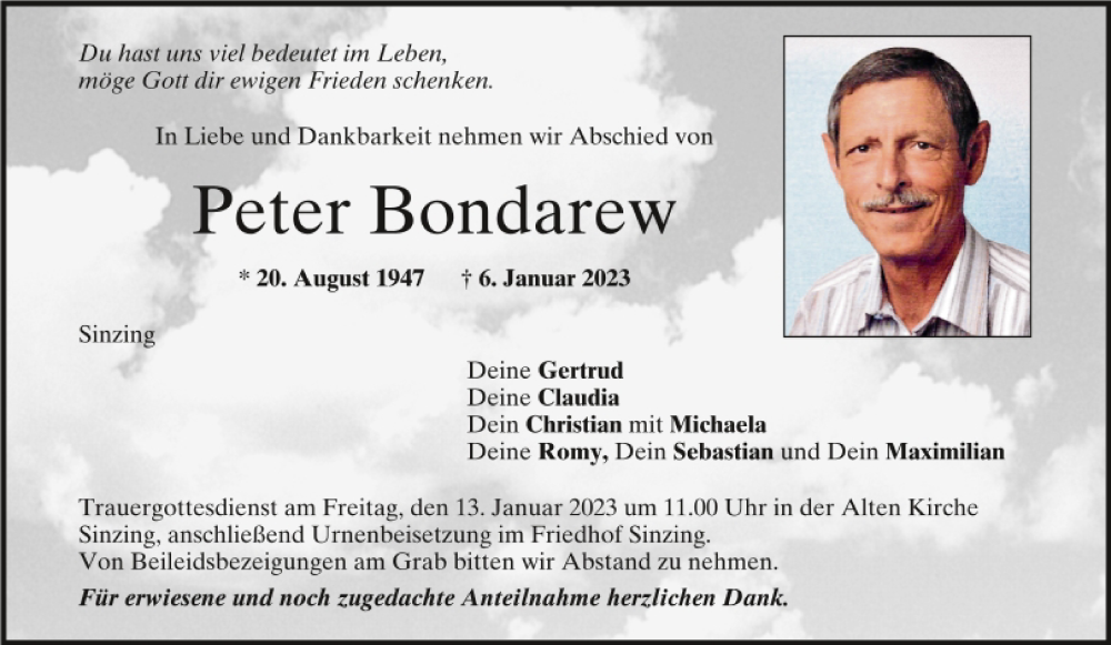  Traueranzeige für Peter Bondarew vom 11.01.2023 aus Mittelbayerische Zeitung Regensburg