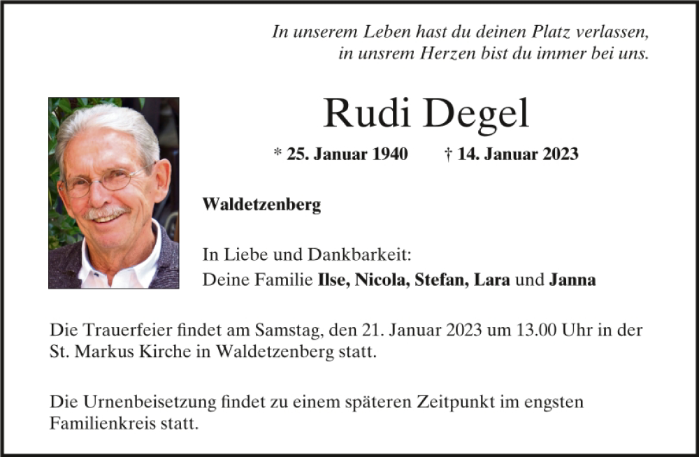  Traueranzeige für Rudi Degel vom 19.01.2023 aus Mittelbayerische Zeitung Regensburg