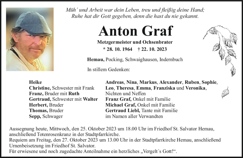  Traueranzeige für Anton Graf vom 25.10.2023 aus Mittelbayerische Zeitung Regensburg