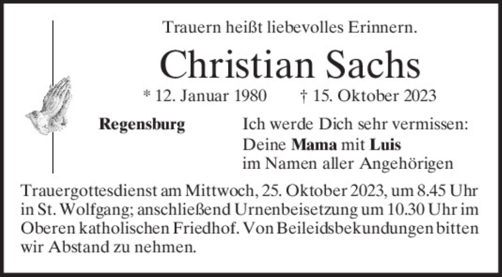  Traueranzeige für Christian Sachs vom 21.10.2023 aus Mittelbayerische Zeitung Regensburg