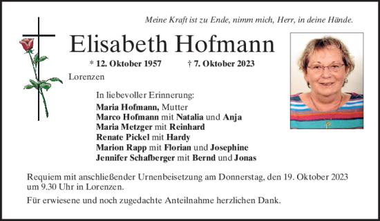 Traueranzeigen Von Elisabeth Hofmann | Mittelbayerische Trauer