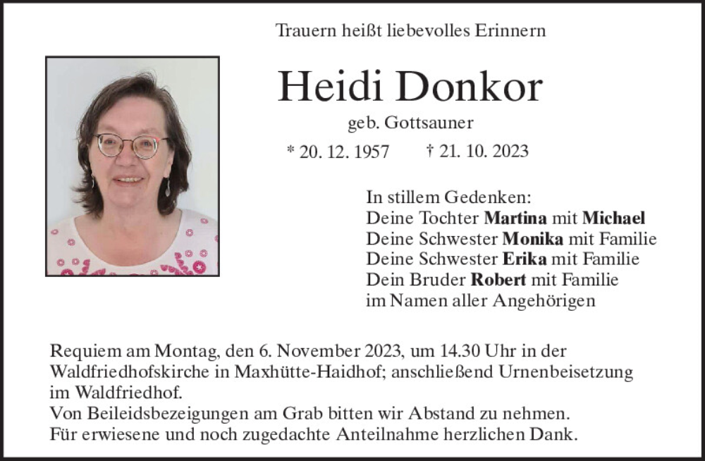  Traueranzeige für Heidi Donkor vom 31.10.2023 aus Mittelbayerische Zeitung Schwandorf