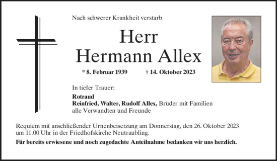 Traueranzeige von Hermann Allex von Mittelbayerische Zeitung Regensburg