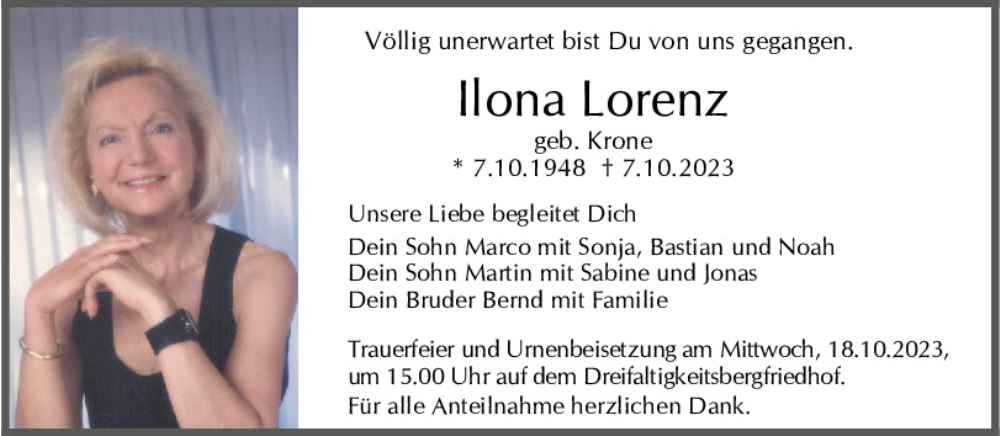  Traueranzeige für Ilona Lorenz vom 14.10.2023 aus Mittelbayerische Zeitung Regensburg