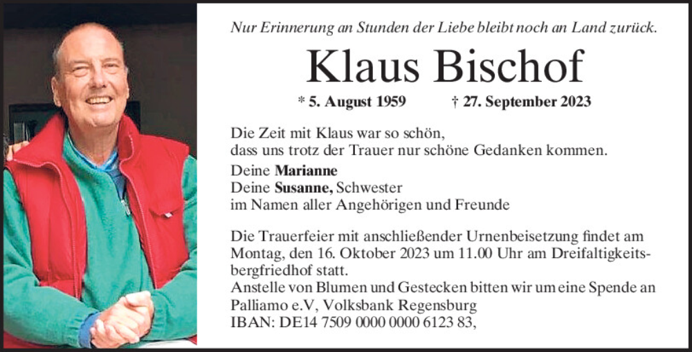  Traueranzeige für Klaus Bischof vom 07.10.2023 aus Mittelbayerische Zeitung Regensburg