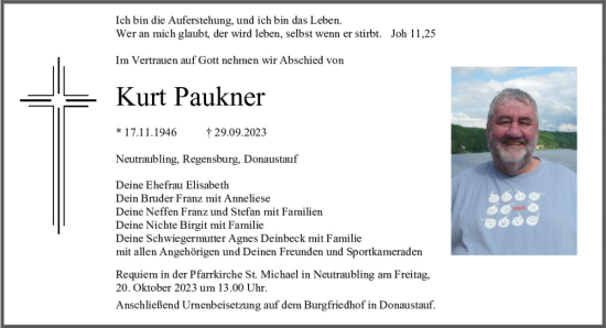 Traueranzeige von Kurt Paukner von Mittelbayerische Zeitung Regensburg