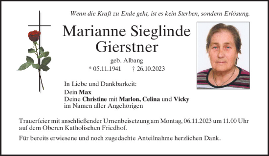 Traueranzeigen von Marianne Gierstner | Mittelbayerische Trauer