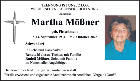 Traueranzeigen Von Martha Mößner | Mittelbayerische Trauer