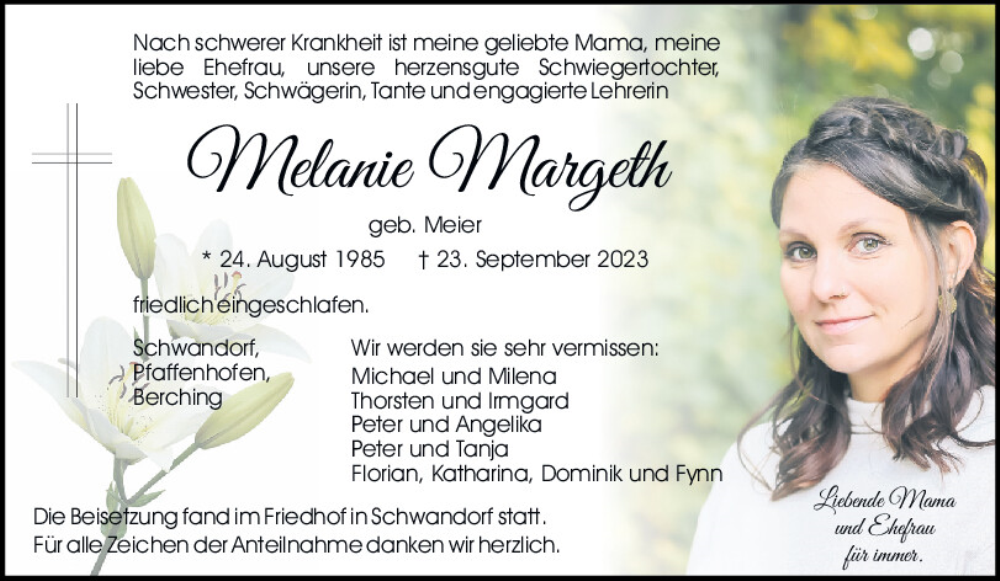  Traueranzeige für Melanie Margeth vom 07.10.2023 aus Neumarkter Tagblatt