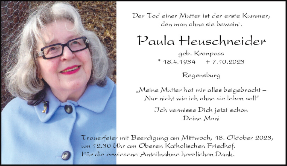  Traueranzeige für Paula Heuschneider vom 14.10.2023 aus Mittelbayerische Zeitung Regensburg