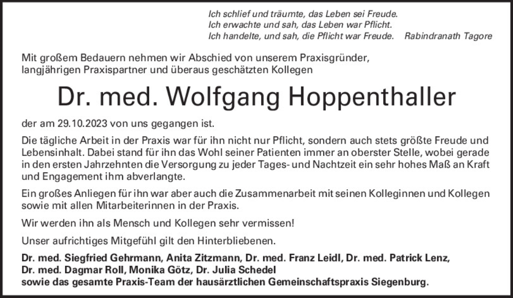  Traueranzeige für Wolfgang Hoppenthaller vom 01.11.2023 aus Mittelbayerische Zeitung Kelheim